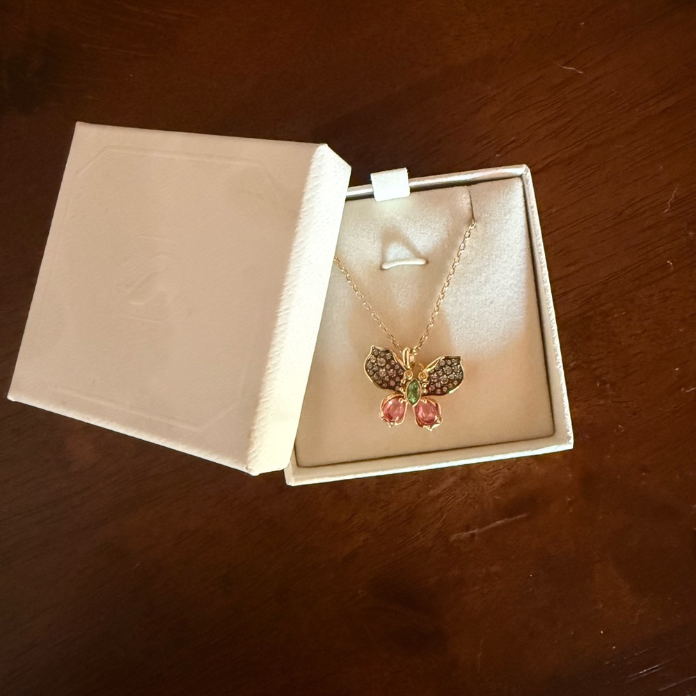 Swarovski Gold Butterfly Necklace with Pink and Green Accents